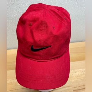 Red Nike Baseball Cap, Child Adjustable Black Swoosh. Very Nice Hat.